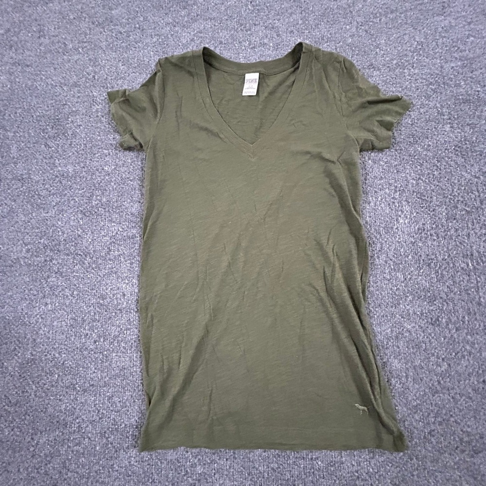 PINK T-Shirt Womens Size S Olive Green V-Neck Short Sleeve Slub Knit Sleepwear